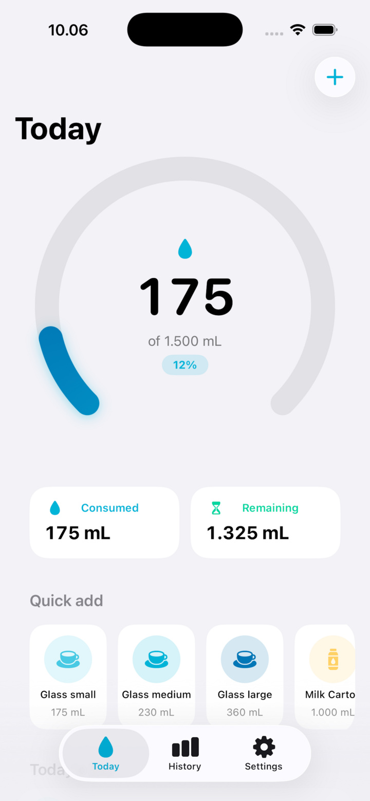 Liquid Drinking Planner dashboard on iPhone showing the intake gauge and quick-add drinks